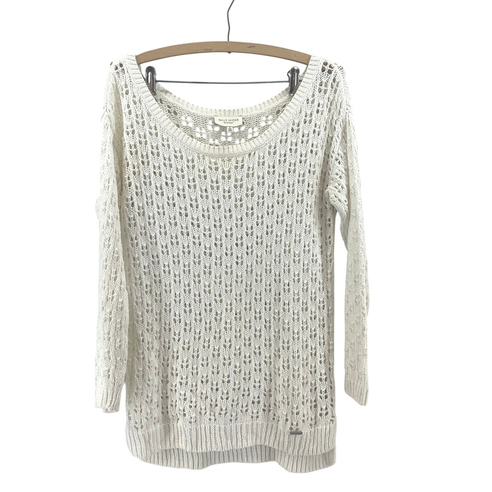 Gilly Hicks Open Knit Sweater Womens S White Pointelle Scoop Boho Coastal Scandi